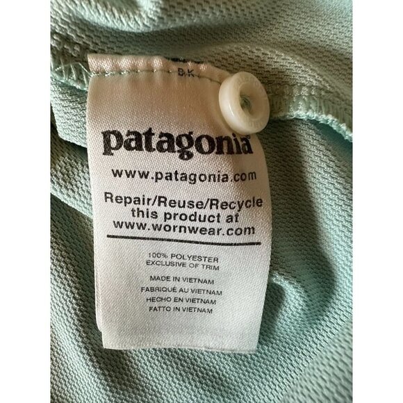 Patagonia Men's Polo Shirt Mint Green Size M 100% Polyester Embroidered Fish Log - Picture 3 of 6